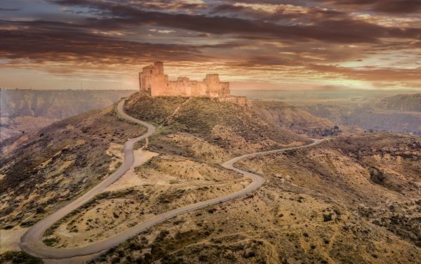 Aerial,View,Of,The,Ruined,Medieval,Abandoned,Montearagon,Castle,,Namesake