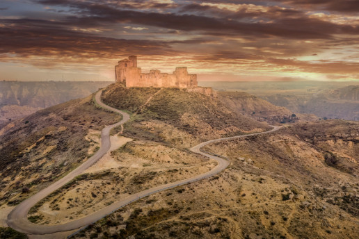 Aerial,View,Of,The,Ruined,Medieval,Abandoned,Montearagon,Castle,,Namesake